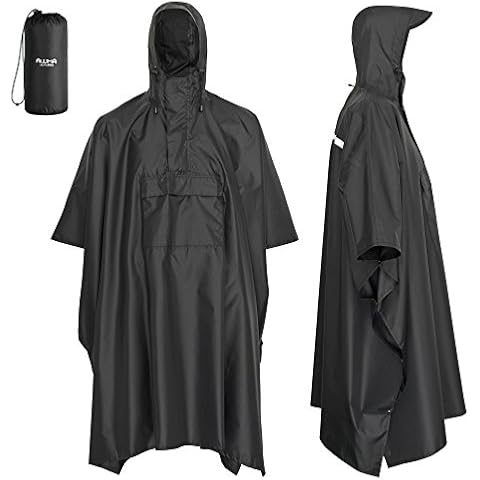 AWHA Regenponcho Damen und Herren wasserdicht und extra lang zum Wandern, Reiten, Fahrrad fahren - Outdoor Regenschutz wiederverwendbar mit Tasche, schwarz, L/XL Cover