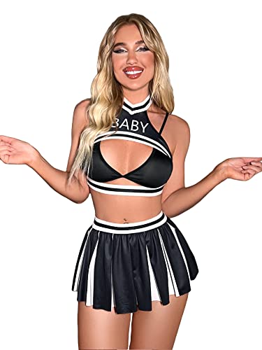 SOLY HUX Womens 4 Piece Letter Print Cheerleader Costume Cosplay Lingerie Set Black and White M