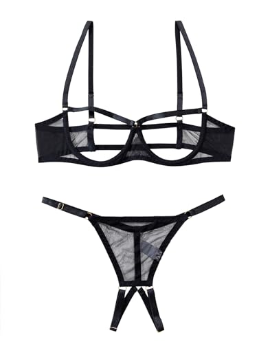 Image of Lilosy Sexy Underwire Floral Lace Sheer Lingerie Set for Women See Through Bra and Panty 2 Piece