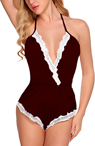 Image of BROIDEN Women Lingerie Bodysuit V Neck Teddy Lace Babydoll Satin Nightwear