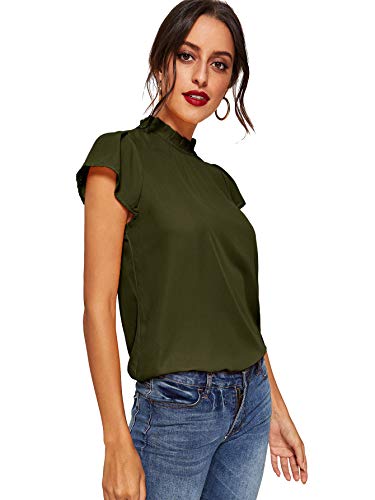 Romwe Women's Elegant Short Sleeve Mock Neck Workwear Blouse Top Shirts Army Green M #TOP4