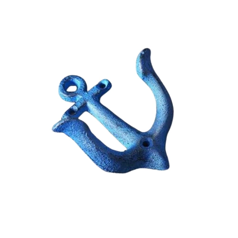 Rustic Cast Iron Anchor Wall Hooks - Heavy Duty Coat Hooks Wall Mounted - Key Holder, Towel Hook & Door Hanger for Beach House Room Decor - Metal Screw In Hooks for Hanging with Hardware (Blue)
