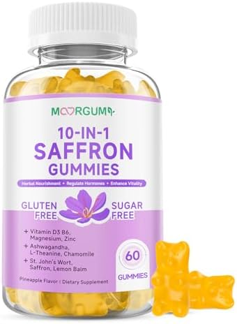 Saffron Gummies for Adult Kids, 10-IN-1 Regulate Cortisol Supplement with Saffron 88.5mg, Vitamin D3, B6, Magnesium, Zinc, Ashwagandha, L-Theanine, St. John’s Wort, For Emotions, Slumber, 60 Count