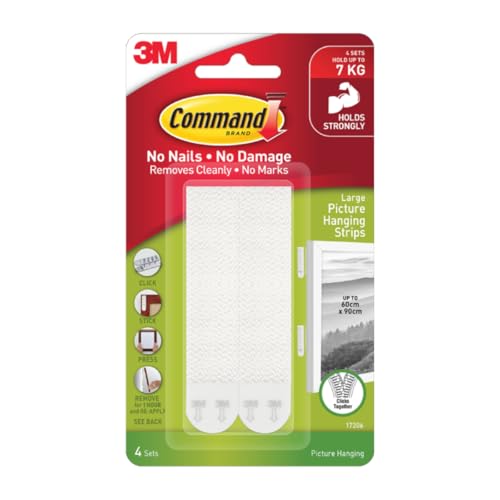 Image of 3M Command Large Picture Hanging Strips, Holds 7kg, No paint damage, Heavy Duty, Holds Strongly, Adhesive hooks for wall, Multi-surface (White, 8 strips)