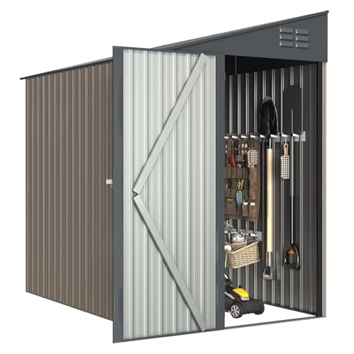 U-MAX 4x7 FT Metal Lean to Storage Shed - Galvanized Steel Garden Storage with Lockable Door, Waterproof for Tools, Lawn Mowers, Bikes - Grey