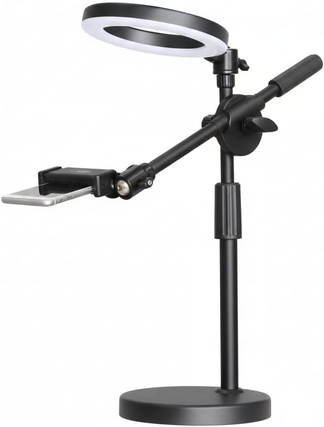 Overhead Ring Light with Phone Stand, 6-Inch LED Ring Light with 3 Color Modes, Adjustable Metal Arm, Heavy Base, Universal 1/4-Inch Thread, for Live Streaming, Makeup, Vlogging