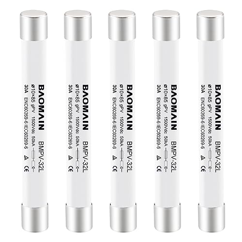 Baomain 1500VDC Solar PV Fuse, gPV-Type Fuse Link, Wire Fusible 10 x 85 mm 50kA Photovoltaic Fuses, BMPV-32L CE Pack of 5 (30Amp)