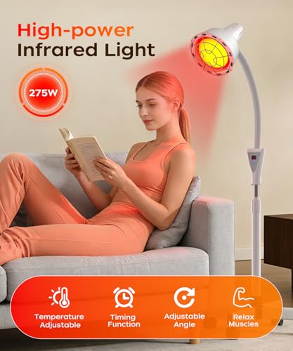 Image of LHCYLDQ 275W Infrared Light Therapy Lamp - Red Near Infrared Heat Lamp for Joint Muscle Pain, Adjustable Standing Lamp Head with Freely Adjustable Temperatur(White)
