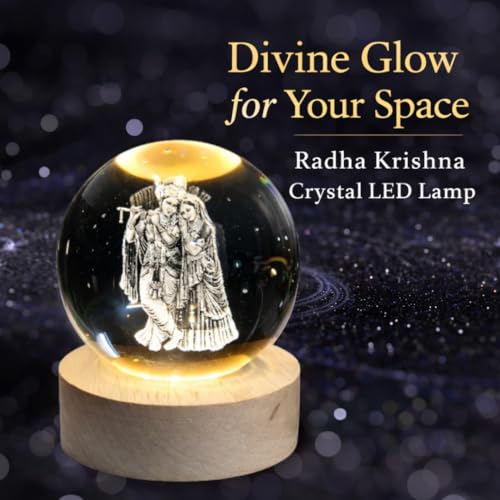 Image of 3D Radha Krishna Crystal Ball Night Light lamp, LED Illuminated Glass Globe with Wooden Base, Decorative Figurine with Etched Design for Home, Office, Birthday Gift, USB Powered
