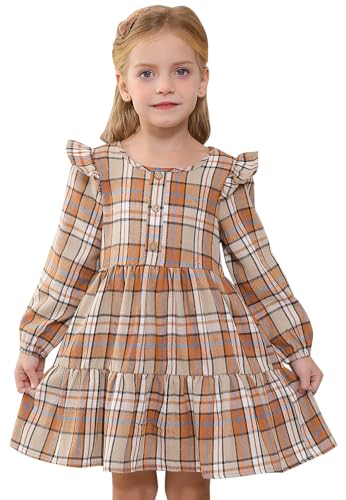 Toddler Baby Girls Dress Plaid Ruffle Flannel Long Sleeve Button Zip A-Line Tiered Dress Fall Winter Outfits