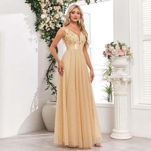 Women's Formal Dresses Long Tulle Evening Gowns A Line Sleeveless Sparkly Sequin Party Guest Homecoming Dress Gold M3