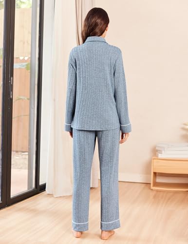 Ekouaer Womens Pajama Sets Long Sleeve Sleepwear Button Down Loungewear Soft 2 Piece Pj Set with Pockets Light Blue M - Thumbnail 4