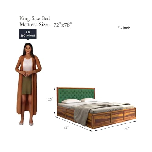 Image of DRIFTINGWOOD Dolvi Solid Sheesham Wood King Size Bed with Storage | Wooden Double Bed Cot Bed with Box Storage & Green Velvet Upholstered Cushioned Headboard for Bedroom | Honey Finish