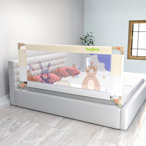 Image of BAYBEE Baby Bed Rail Guard (200x80cm), Bedrail for Baby Safety with 28 Height Adjustable, Portable Bed Side Protector for Babies Falling | Foldable Single Side Bed Railing, 1 Side, (White /Beige)