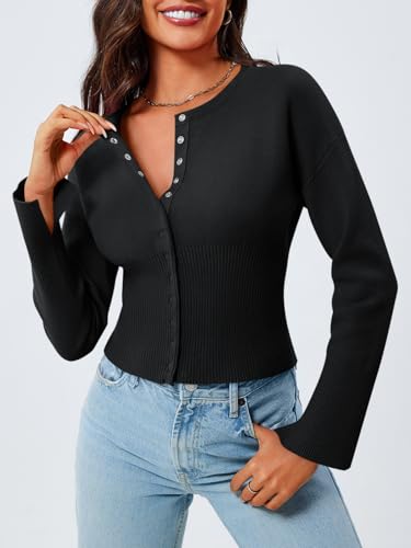 Image of Saodimallsu Womens Cropped Sweaters Cardigan | Button Down,Long Sleeve,V Neck,Ribbed Knit,Slim Fit ,Pullover Crop Tops