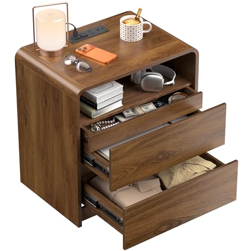 23.8 Modern Nightstand with Hidden Drawers Walnut Night Stand with Charger Station Mid Century Bedside Table Curved Wood Side Table for Bedroom Dorm