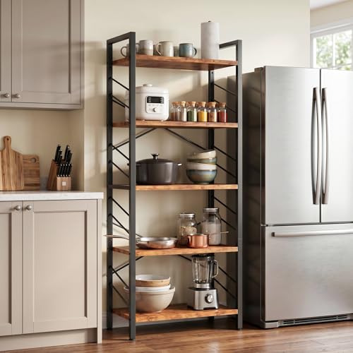 Image of DurayLoly 5 Tier Bookshelf for Narrow Space, Rustic Brown | Small Storage Shelves, Sidebars and Metal Frame