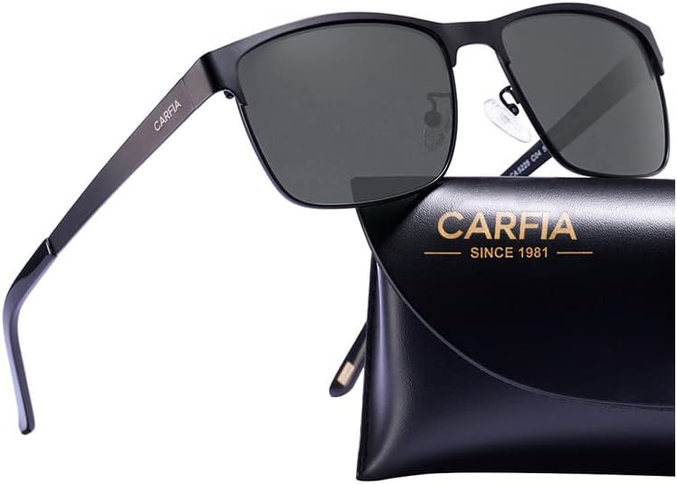 Carfia Metal Mens Rectangular Sunglasses Polarized UV400 Protection for Driving Fishing Hiking Golf Everyday Use, Black