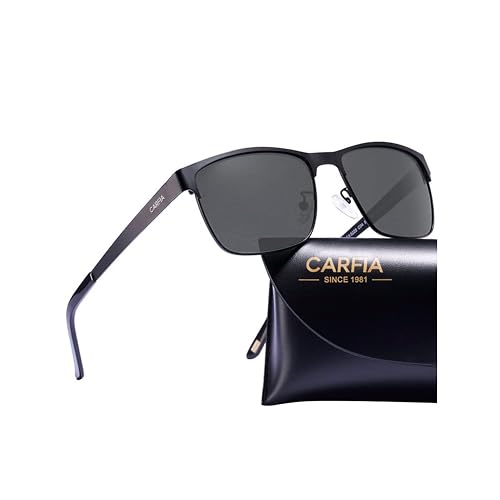 CARFIA Polarisierte Herren Sonnenbrille Metallrahmen UV 400 Fahrerbrille Sportbrille Kategorie 3 Schwarz Rahmen, Grau Linsen