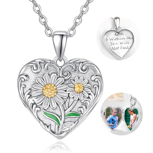 TANGPOET Daisy Flower Heart Locket Necklace for Women 925 Sterling Silver Picture Photo Locket with Positive Words Christian Jewelry Encouragement Gifts for Birthday Christmas Graduation