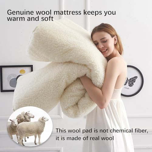Queen Wool Mattress Pad - Premium Australian Sheep Wool Fitted Mattress Topper - Soft, Breathable Lamb Wool for Ultimate Comfort & Support