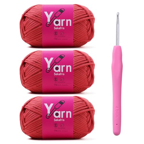 Image of Crochet Yarn with Cotton Yarn for Crocheting - Crochet Knitting Yarn for Beginners with Easy-to-See Stitches - Yarn for Crocheting - Parfait Chunky Yarn -Cotton-Nylon Blend (Eraser red)