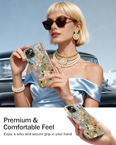 Image of Goodon for iPhone 14 Case /iPhone 13 Case Cute,Aesthetic Vintage Mosaic Stained Glass Shell Design,Floral Pattern,MagSafe Compatible,Preppy Trendy Y2K Protective Silicone Phone Cover for Women Girls | Dual-Layer Hard Shell + Silicone, Slim Fit Protective Phone Cover with Wildflower Designs for Women Girls