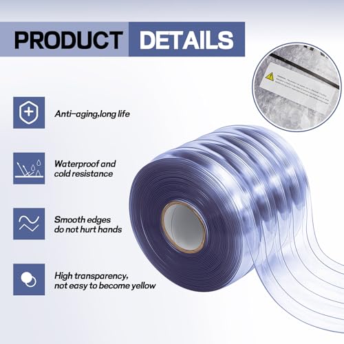 Image of Moukeren Plastic Curtain Strips, 50 ft x 8 in Clear PVC Strip Curtain Roll, Heavy Duty Plastic Insulated Freezer Door Strips for Commercial, Walk-in Cooler, Garage, Warehouse, 0.08 inch Thickness