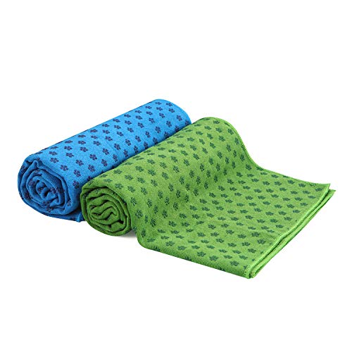 Voidbiov Toallas para esterilla de yoga con bolsa de transporte de malla, de secado rápido, antideslizante, toalla Bikram de pilates, extra larga (185 x 62 cm, 73" x 24"), Verde y azul.