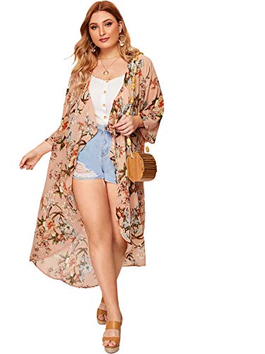 Romwe Women's Plus Size Floral Print Sheer Beach Swimsuit Cover Up Long Kimono Multicolor-2 3X Plus #TOP4