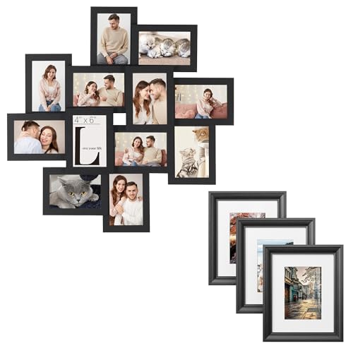 SONGMICS 4x6 Collage Picture Frames Bundle with Set of 10 Picture Frames with 16 Mats, MDF and Glass, Ash Black and Ink Black URPF049B01 and URPF22BK