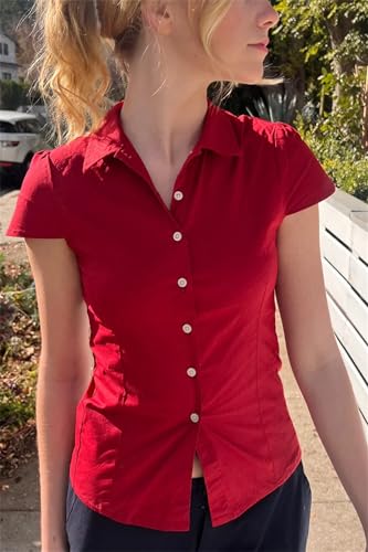 Image of Y2k Girls Vintage Coquette Button Down Shirt Women Short Sleeve V-Neck Slim Fitted T-Shirt Cute Blouse Crop Top