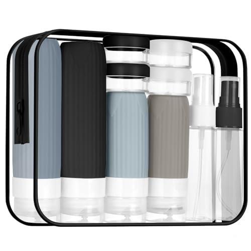 BUTBU Garrafas de viagem de silicone, conjunto de 19 peças frascos de viagem recarregáveis, garrafas de viagem de silicone à prova de fugas com garrafas de viagem frascos de spray frascos de máscara