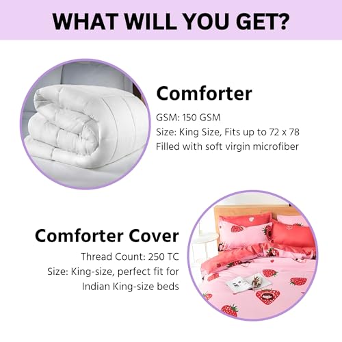 Image of Famyo King Size Bedsheet Set with 2 Pillow Covers, 250 TC Fitted Kids Bedsheet, Comforter & Comforter Cover (5pc Set) -Home Decor, 72x78 inches, Pink Strawberry Design