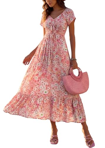Image of Summer Smocked Boho Maxi Dress for Women 2026 Short Sleeve Floral Smocked Flowy Ruffled Beach Vacation Dresses Lightweight