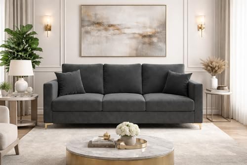 Image of Hayes Rich Velvet Suede 3 Seater Sofa | Golden Aesthetic Legs | Spacious Soft Touch Comfort Seating | Modern Luxe Sofa for Living Room (Dark Gray)