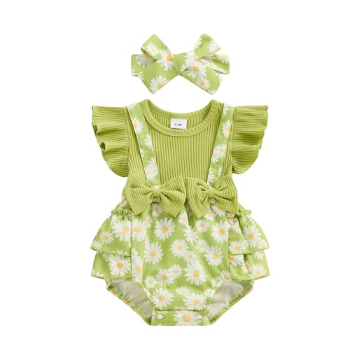 Image of Newborn Baby Girl Outfit Fly Sleeve Floral Romper Dress Headband Infant Cute Summer Clothes Set