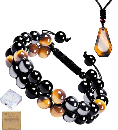 CINSKYING Triple Protection Bracelet for Men Women, Genuine Tigers Eye and Obsidian 8mm Beads, Handmade Crystal Stone Bracelets (NP1-New Packing Yellow Tiger Eye Set)