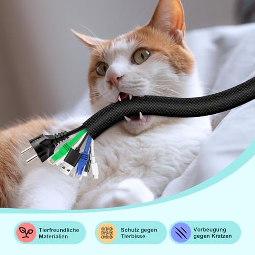 AGPTEK 3m Kabelschlauch, 25mm selbstschließend Kabelkanal, Flexibler Textilien Kabelmantel, Kabelmanagement für Schreibtisch, TV, Computer, PC, Kabelschutz für Hund, Katze, Schwarz