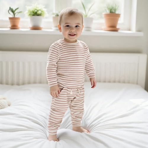 Toddler Baby Girl Boy Clothes Infant Waffled Stripe Long Sleeve Round Neck Sweatshirt Long Pants Set Fall Outfit4