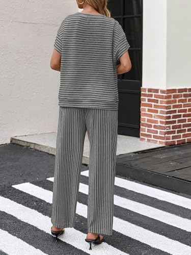 Image of Tankaneo Womens Striped 2 Piece Sets Short Sleeve T Shirts Wide Leg Pants Matching Lounge Set with Pockets