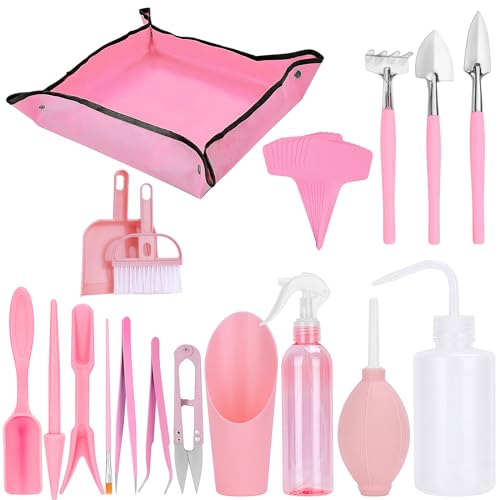 Hysagtek Kit di attrezzi per piante grasse, 26 mini attrezzi da giardinaggio per trapianto a mano, set di piantagioni in miniatura, per interni ed esterni, per la cura delle piante da giardino (rosa)