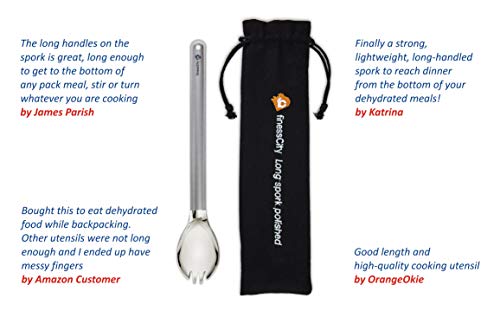 Longest Titanium Long Handle Spork with Polished Bowl, 9.65 inch/ 245mm Long Spork Extra Strong Ultra Lightweight, Titanium Spork for Home/Travel/Camping Spork Comes with Waterproof Cloth Case