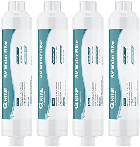 QNINE Inline RV Water Filter, NSF Certified & KDF Technology, Reduces Bad Odors and Sediments, Ideal for Camping, Drinking, Car Washing and Gardening, 20 Micron, 4-Pack