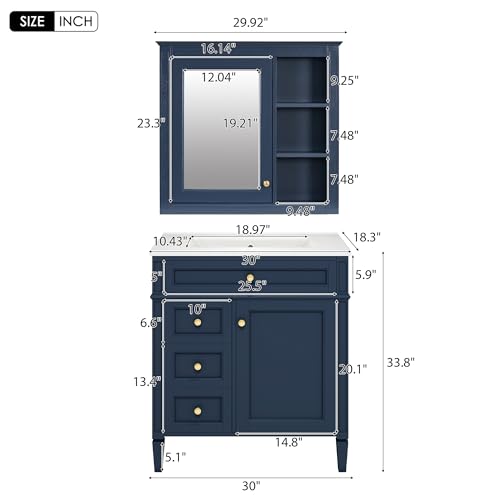 Image of Merax 30 Inch Bathroom Vanity with Sink Set, Modern Bathroom Vanity Storage Cabinet with Matching Mirror Medicine Cabinet, Solid Wood Frame,Painted Finish, 2 Drawers and 1 Tip-Out Drawer, Navy Blue