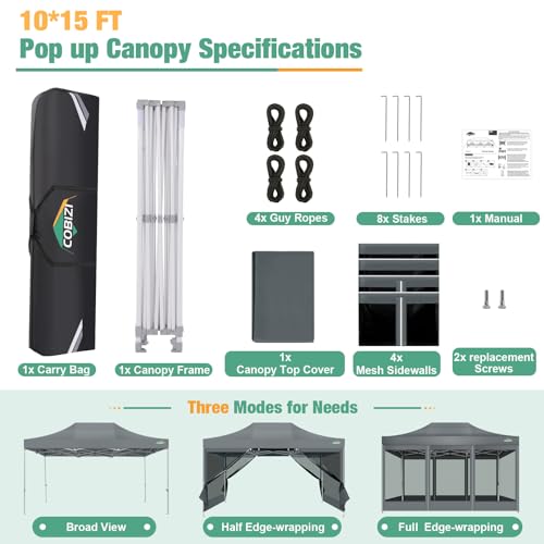 COBIZI 10x15 Heavy Duty Pop-Up Canopy Tent With Sidewalls, Waterproof Easy Setup, Mosquito Netting, Outdoor Instant Screen for Parties, Wedding, Backyard - Carry Bag Included, Gray by COBIZI - Image 5