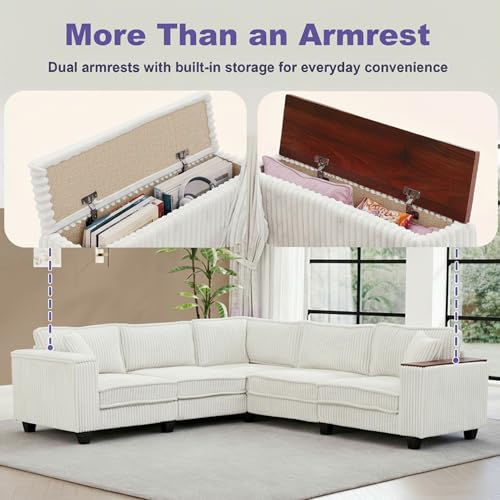 Image of 97 inch L Shaped Sectional Couch, Comfy Corduroy Sectional Couch, Modular Convertible V Shaped Couch, 5 Seat Corner Sofa with 2 Pillows & Storage Armrests for Living Room, Beige