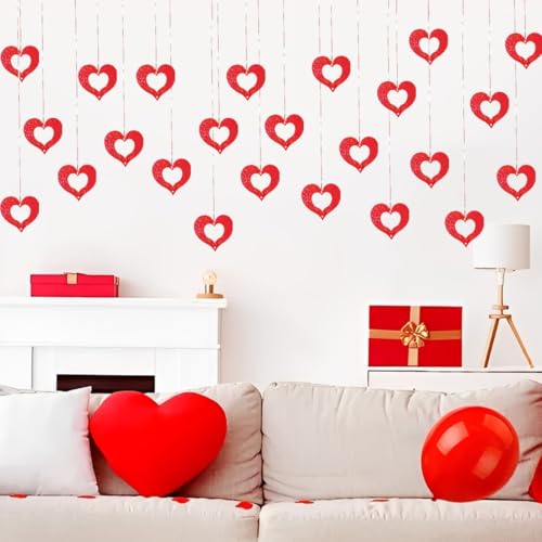 XENQITO 50 Pezzi Cuore a Spirale Pendenti Rosso Glitter Hanging Swirls, Decorazioni San Valentino, San Valentino Decorazioni Ghirlanda da Appendere del Soffitto per Romantico Festa di Matrimonio