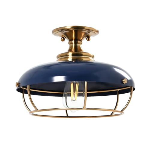 Robert Stevenson Lighting - Presley Caged Dome Metal Semi-Flush Mount Ceiling Light, Brushed Brass and Navy Blue by Robert Stevenson Lighting - Image 4