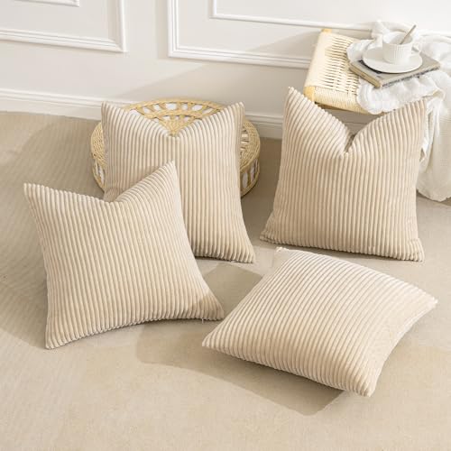 Image of MIULEE Boho Farmhouse Throw Pillow Covers 18x18 Inch Set of 4 Mordern Nordic Cushion Covers Soft Corduroy Spring Home Decor for Couch Bed Sofa Living Room Beige